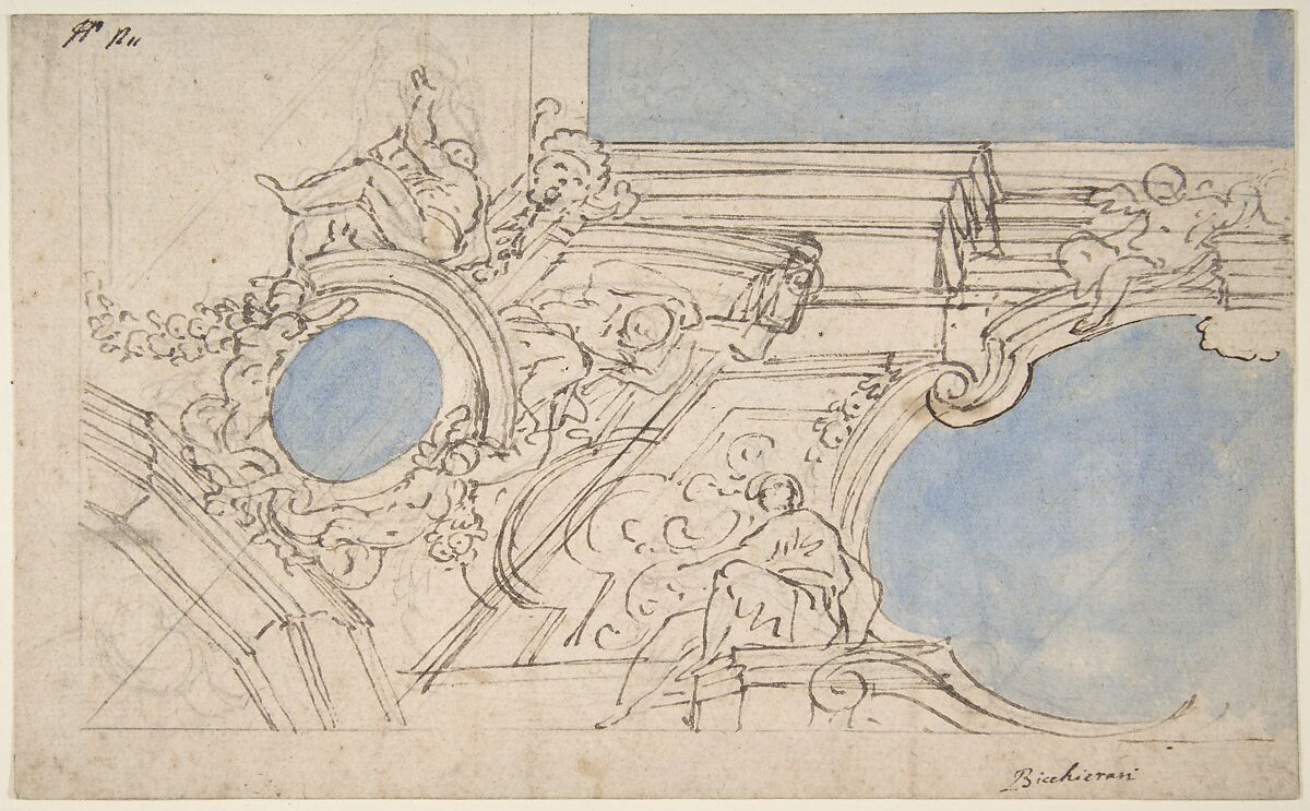 A Foreshortened View of a Ceiling Corner Decorated with Statues, Putti and Garlands, Attributed to Luigi Garzi (Italian, Pistoia 1638–1721 Rome), Pen and brown ink brush and blue wash over traces of black chalk 