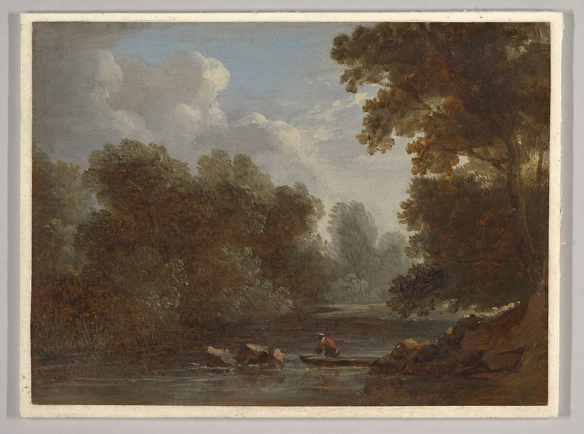 A wooded river landscape with a fisherman in a boat, Benjamin Barker, the younger (British, Pontypool, Wales 1776–1838 Totnes, Devon), Oil on paper mounted on card 