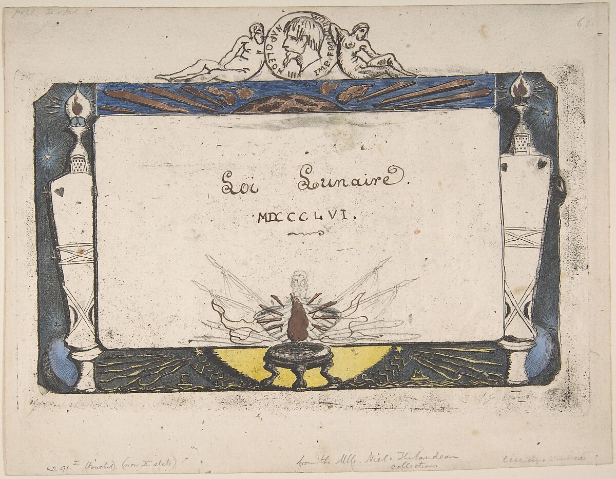 Lunar Law, Charles Meryon (French, 1821–1868), Pen and brown ink, brush and brown and colored washes, graphite, on etching 