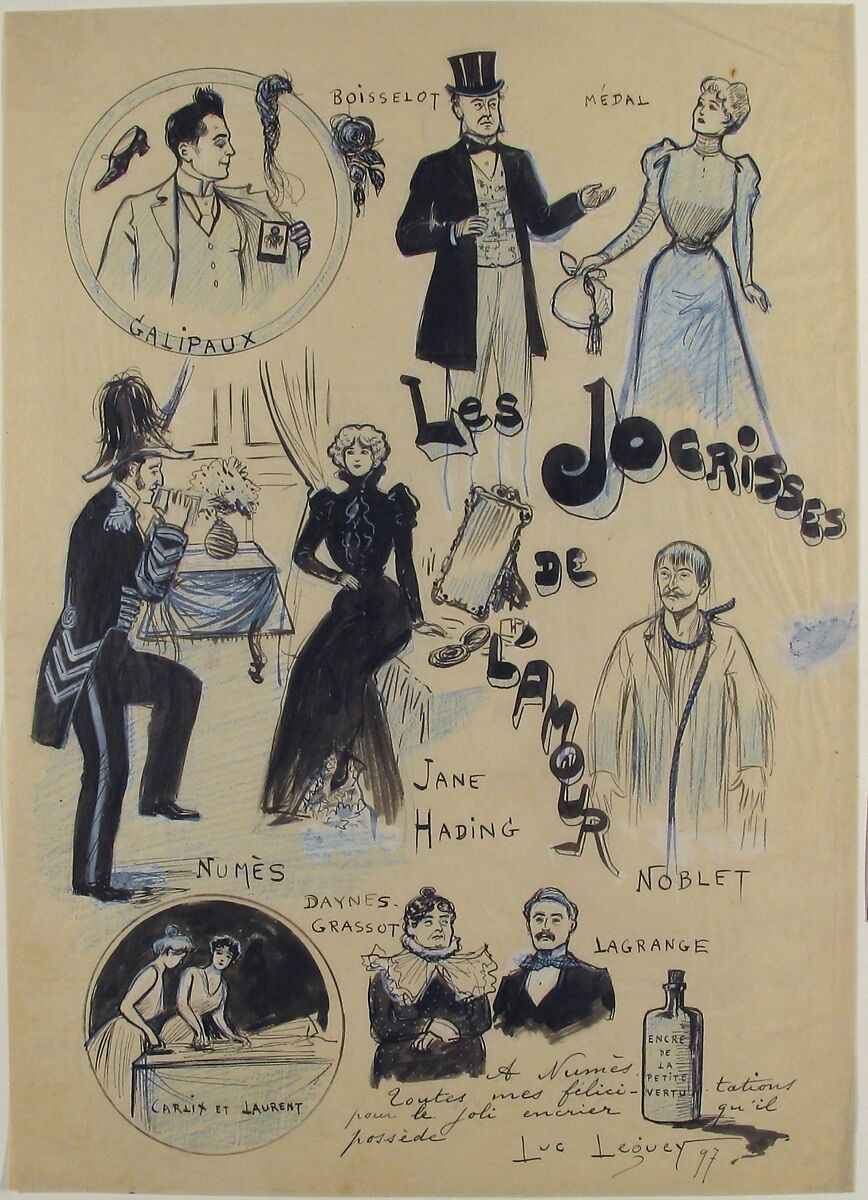 Les Jocrisses de L'Amour, Luc Leguey (French, born Paris, 1876), Pen and black ink, brush and black and blue wash, blue crayon, graphite, corrected with white on tracing paper