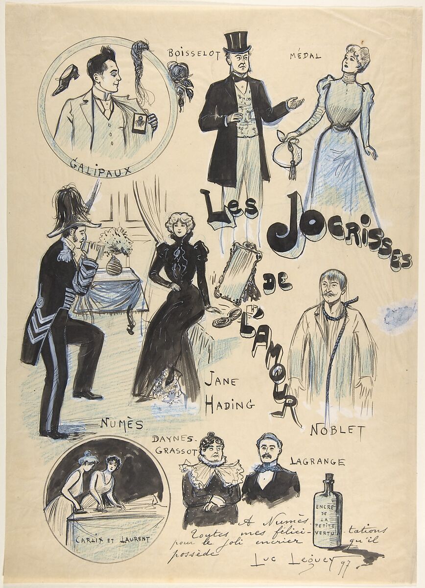 Les Jocrisses de L'Amour, Luc Leguey (French, born Paris, 1876), Pen and black ink, brush and black and blue wash, blue crayon, graphite, corrected with white on tracing paper 