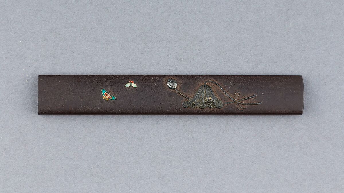 Knife Handle (Kozuka), Iron, copper-silver alloy (shibuichi), enameled cloisonné (shippō), copper-gold alloy (shakudō), Japanese 