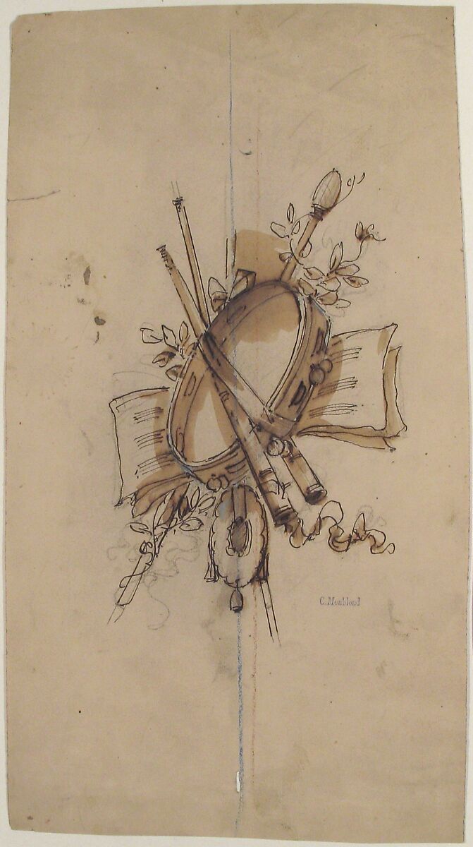 Musical Trophy, Charles Monblond (French, 19th century), Graphite, pen and dark brown ink, brush and brown wash.  Pricked for transfer.