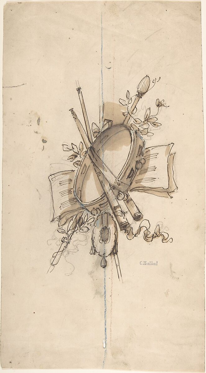 Musical Trophy, Charles Monblond (French, 19th century), Graphite, pen and dark brown ink, brush and brown wash.  Pricked for transfer. 