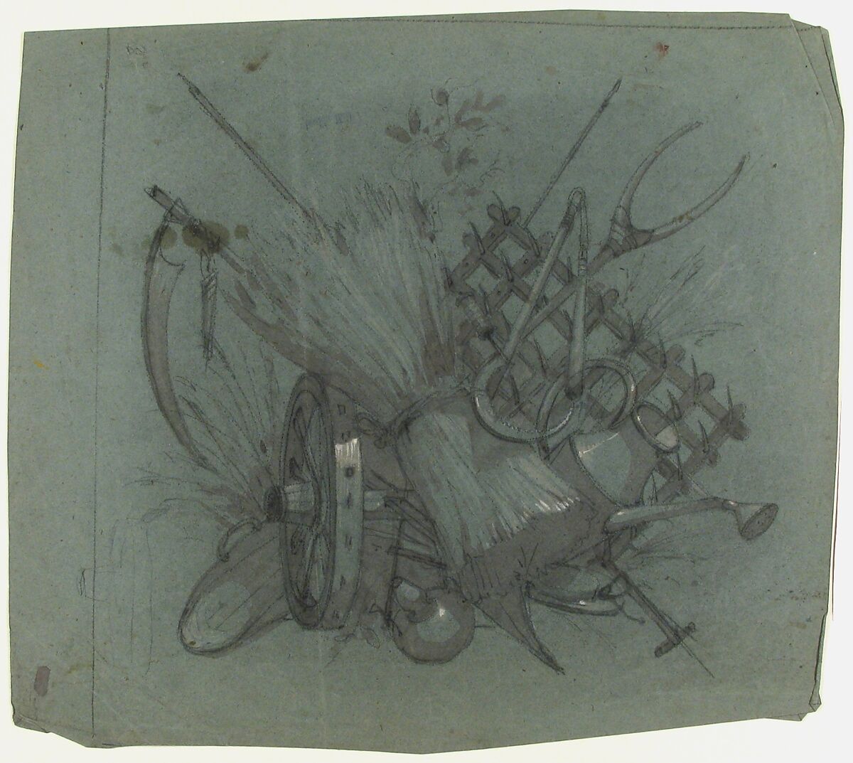 Harvest Trophy, Charles Monblond (French, 19th century), Pen and brown ink, brush and brown wash, black chalk, heightened with white.  Pricked for transfer.