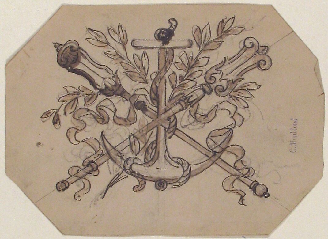 Devise with Anchor, Charles Monblond (French, 19th century), Graphite, pen and gray ink, brush and brown wash