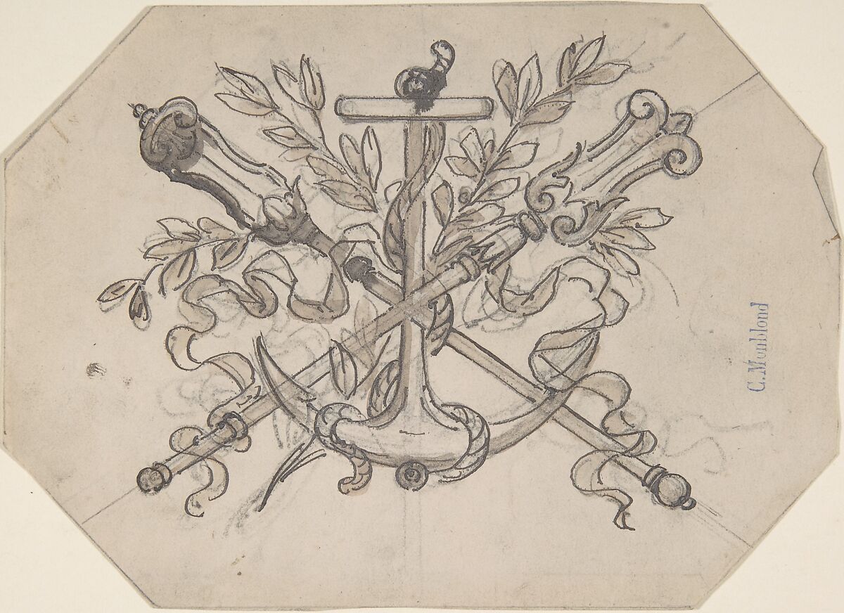 Devise with Anchor, Charles Monblond (French, 19th century), Graphite, pen and gray ink, brush and brown wash 