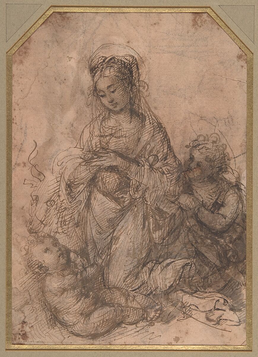 Virgin Adoring the Christ Child with Saint John the Baptist (recto); The Holy Family with Saint John the Baptist (verso), Agnolo del Mazziere (Italian, Florence 1465–1513), Pen and brown ink, brush and brown wash, over traces of black chalk, on off-white paper washed pale ochre-pink 