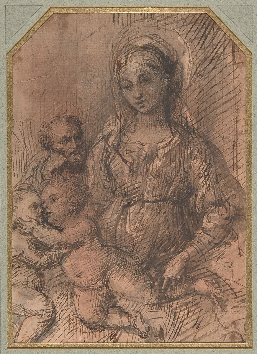 Virgin Adoring the Christ Child with Saint John the Baptist (recto); The Holy Family with Saint John the Baptist (verso), Agnolo del Mazziere (Italian, Florence 1465–1513), Pen and brown ink, brush and brown wash, over traces of black chalk, on off-white paper washed pale ochre-pink