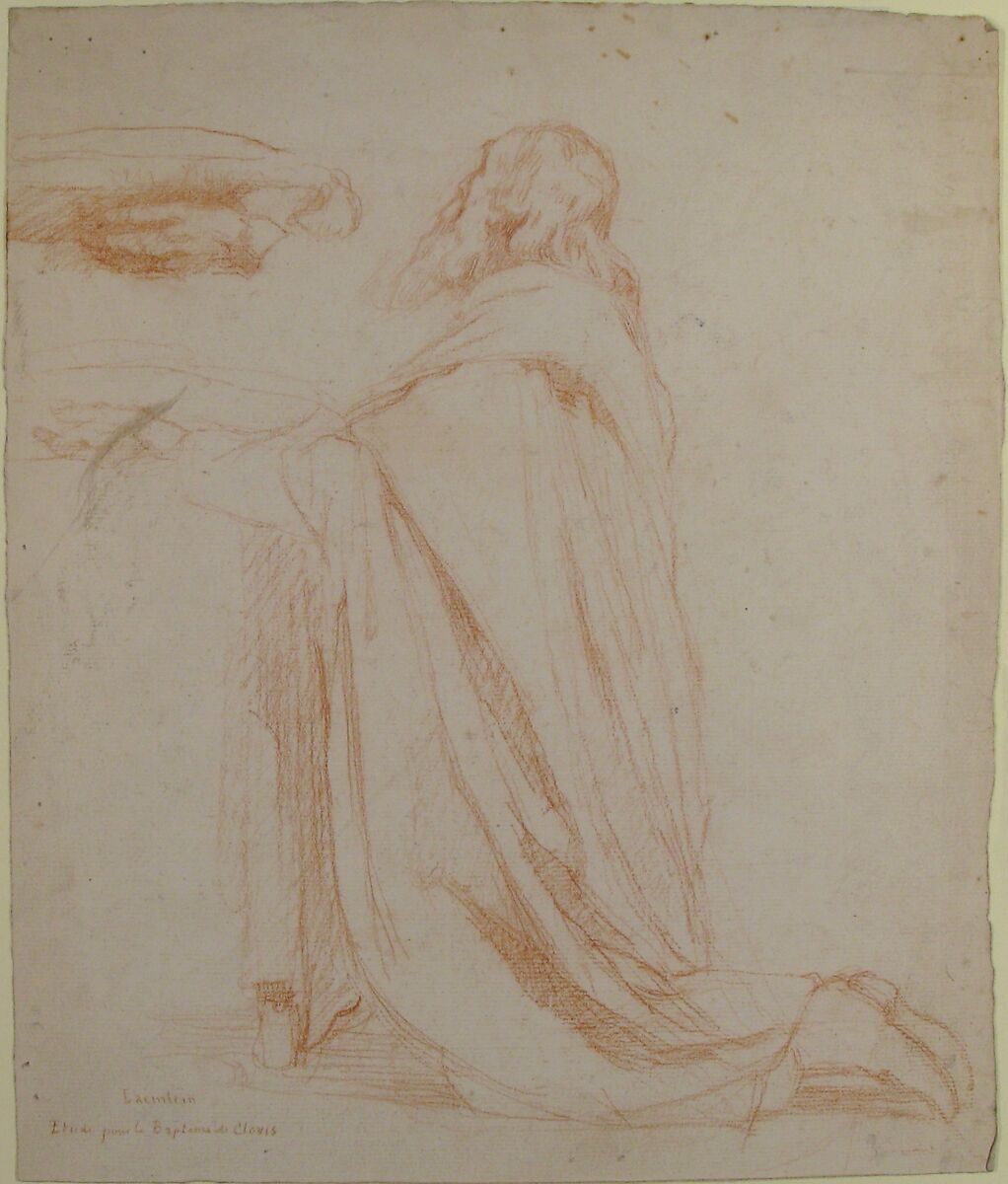 Kneeling Prelate Holding a Cushion, Alexandre Laemlein (French, Hohenfeld 1813–1871 Pontlevoy), Red chalk