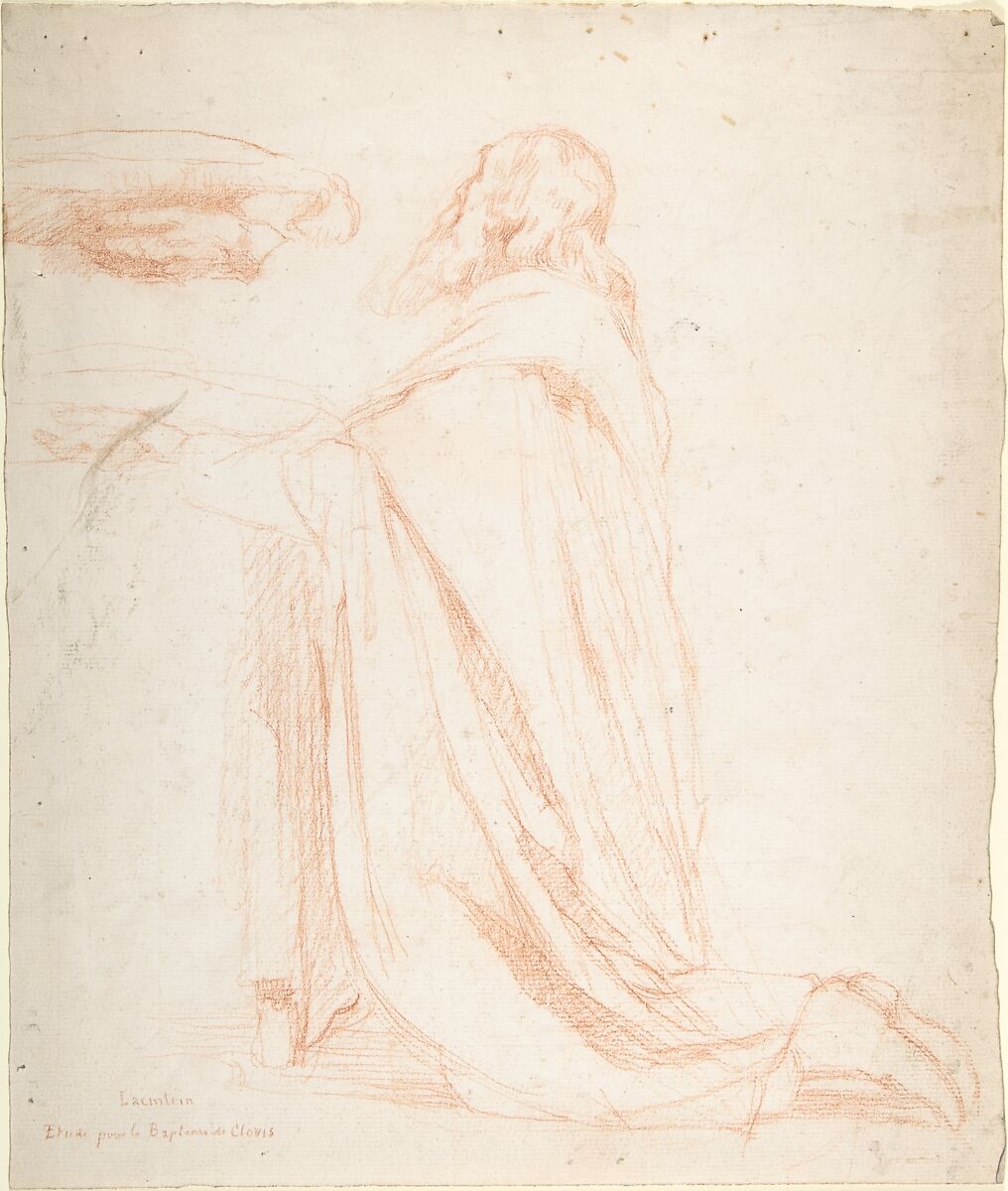 Kneeling Prelate Holding a Cushion, Alexandre Laemlein (French, Hohenfeld 1813–1871 Pontlevoy), Red chalk 