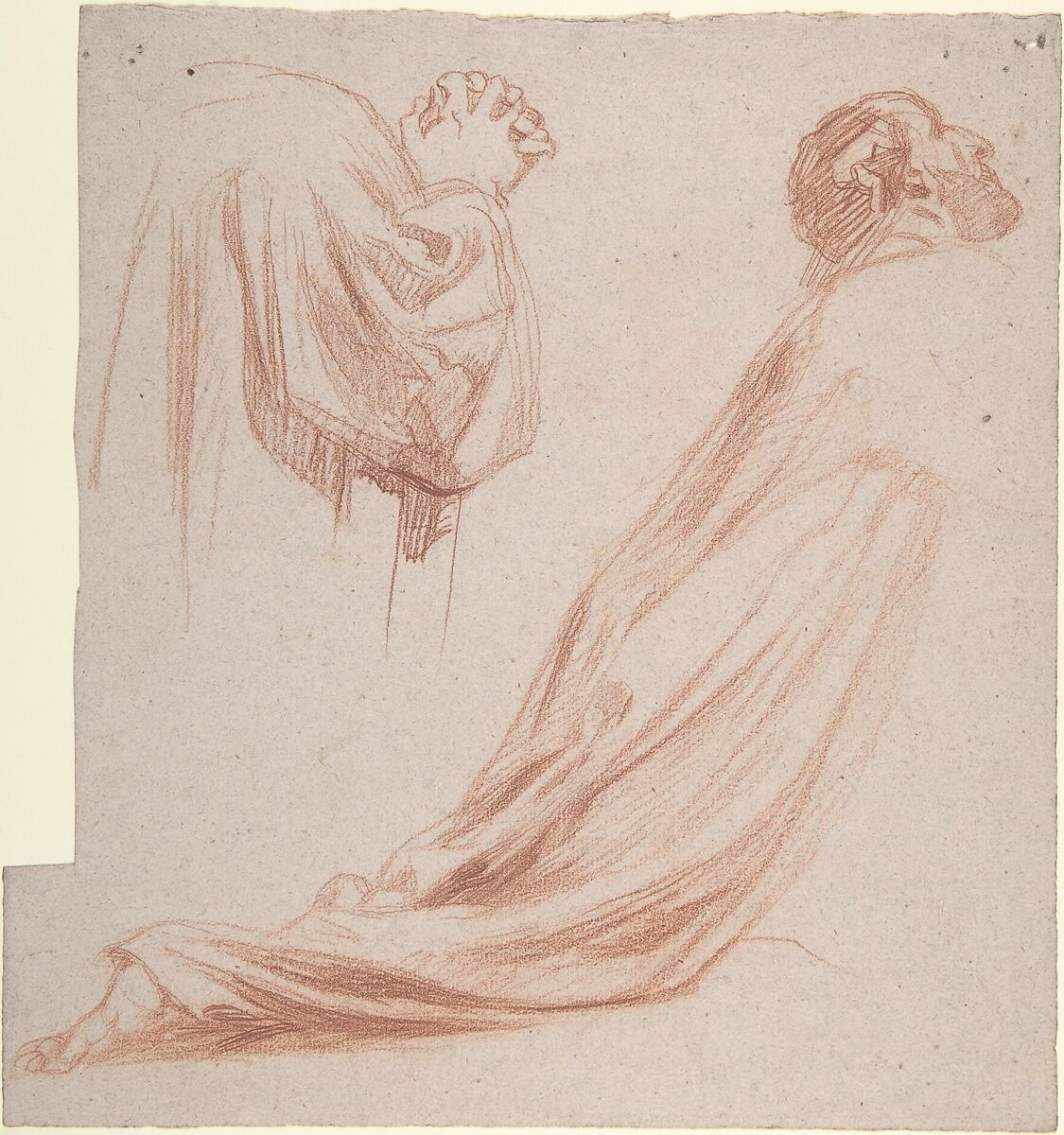 Two Kneeling Figures, Alexandre Laemlein (French, Hohenfeld 1813–1871 Pontlevoy), Red chalk on light gray paper 