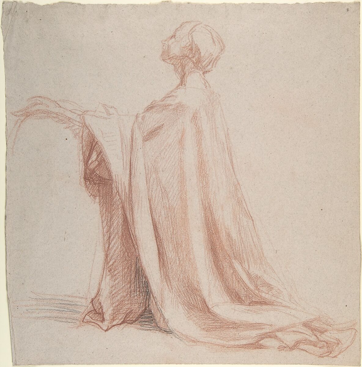 Kneeling Draped Figure, Alexandre Laemlein (French, Hohenfeld 1813–1871 Pontlevoy), Red and black chalk on light gray paper 