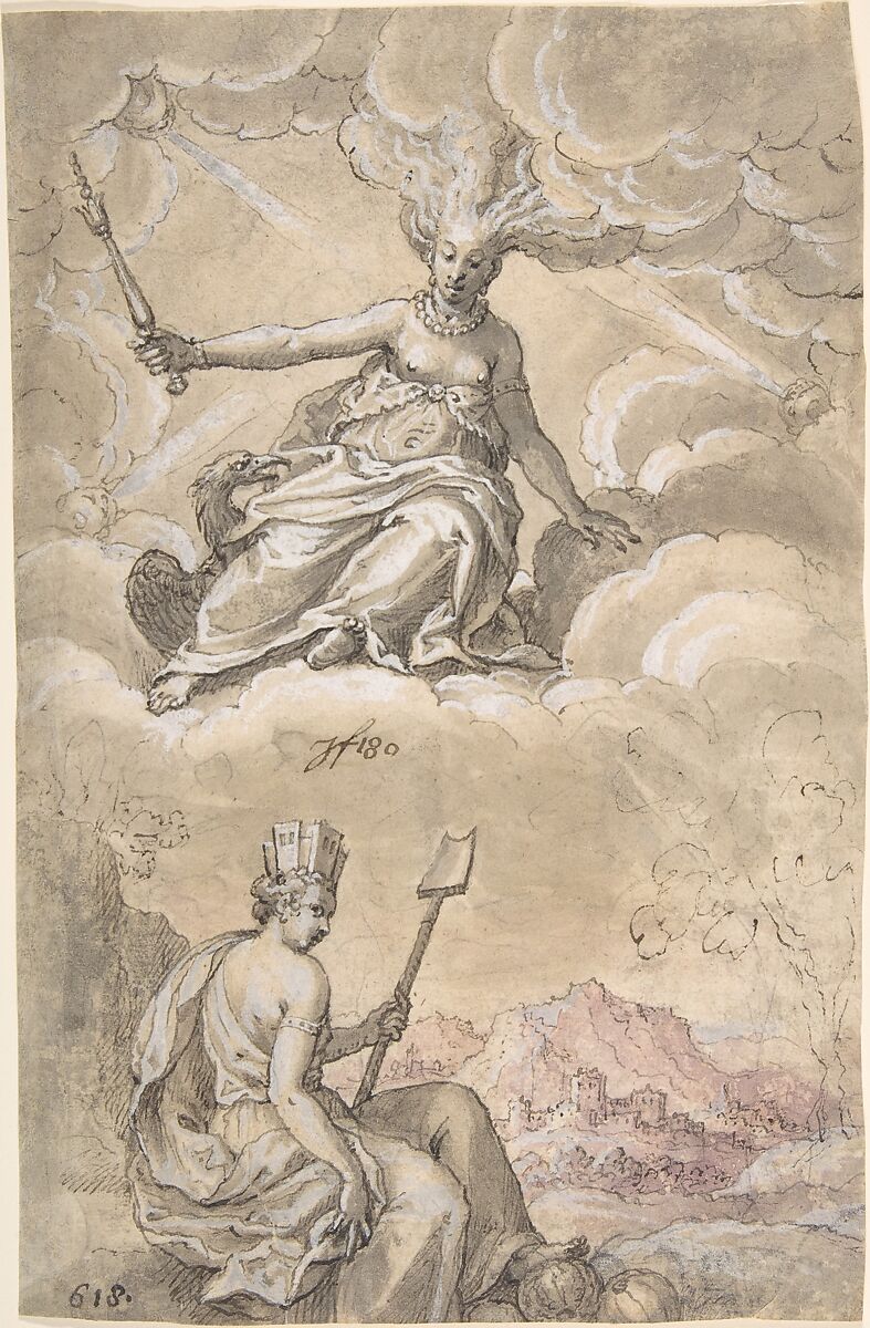 Allegory of Air and Earth, Bartholomäus Reiter (German, 1583–1622 (active Munich)), Pen and brown ink with gray and violet wash and white heightening over black chalk and graphite 