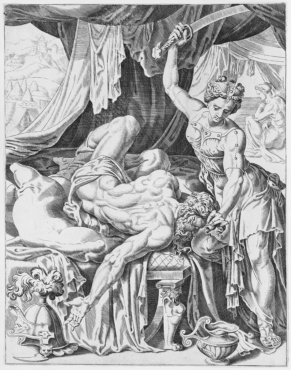 Judith Slaying Holofernes, from The Power of Women, plate 5, Dirck Volckertsz Coornhert (Netherlandish, Amsterdam 1519/22–1590 Gouda), Engraving 