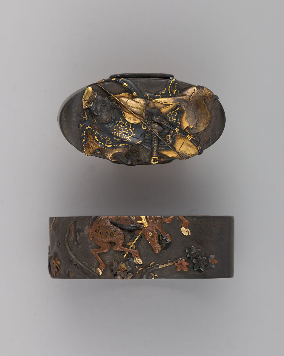 Sword-Hilt Collar and Pommel (Fuchigashira), Copper-silver alloy (shibuichi), gold, copper, Japanese 