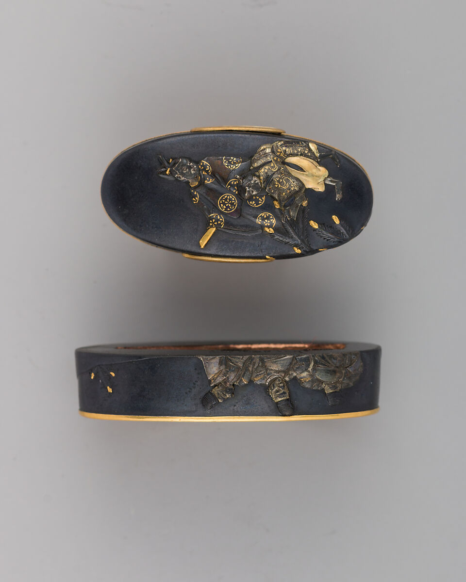 Sword-Hilt Collar and Pommel (Fuchigashira), Copper-gold alloy (shakudō), copper-silver alloy (shibuichi), silver, gold, Japanese 