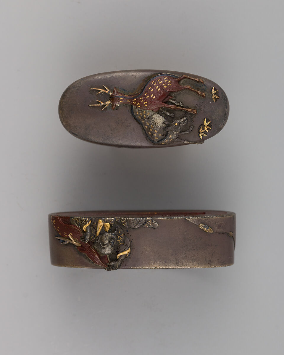 Sword-Hilt Collar and Pommel (Fuchigashira), Copper-silver alloy (shibuichi), copper, gold, Japanese 