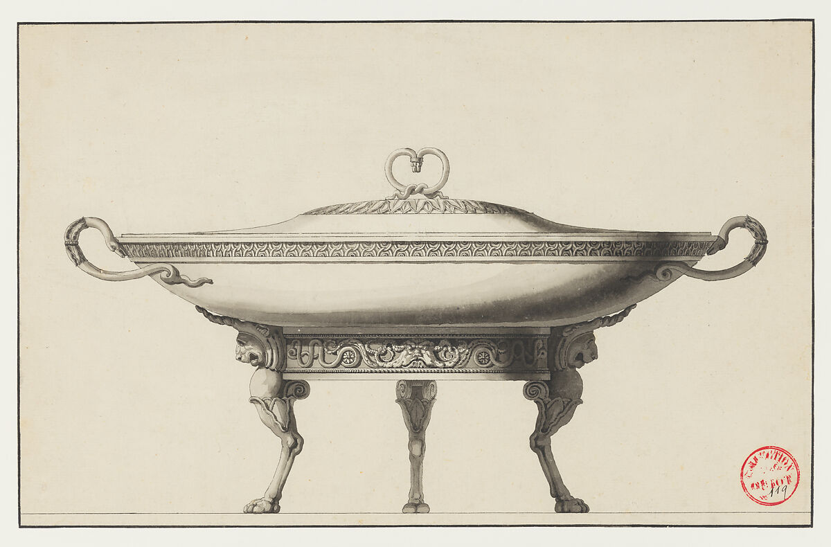 Design for a Covered Footed Serving Dish, Henri Auguste  French, Pen and gray ink, brush and gray wash. Framing lines in pen and black ink.