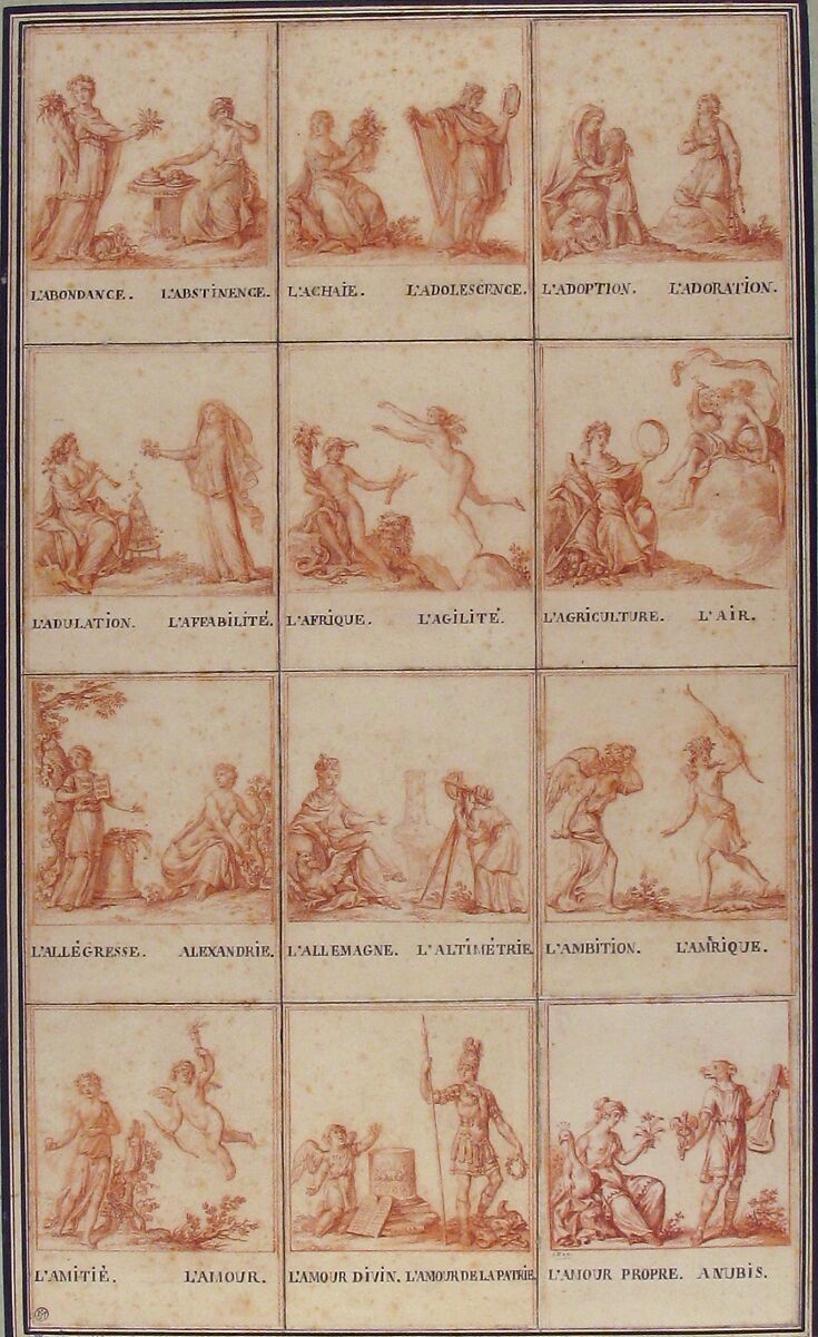 Illustrations for an Allegorical Pattern Book, Antoine Borel (French, Paris 1743–after 1810), Pen and gray ink, red chalk