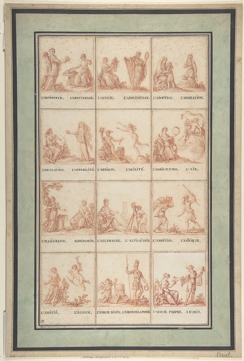 Illustrations for an Allegorical Pattern Book, Antoine Borel (French, Paris 1743–after 1810), Pen and gray ink, red chalk 