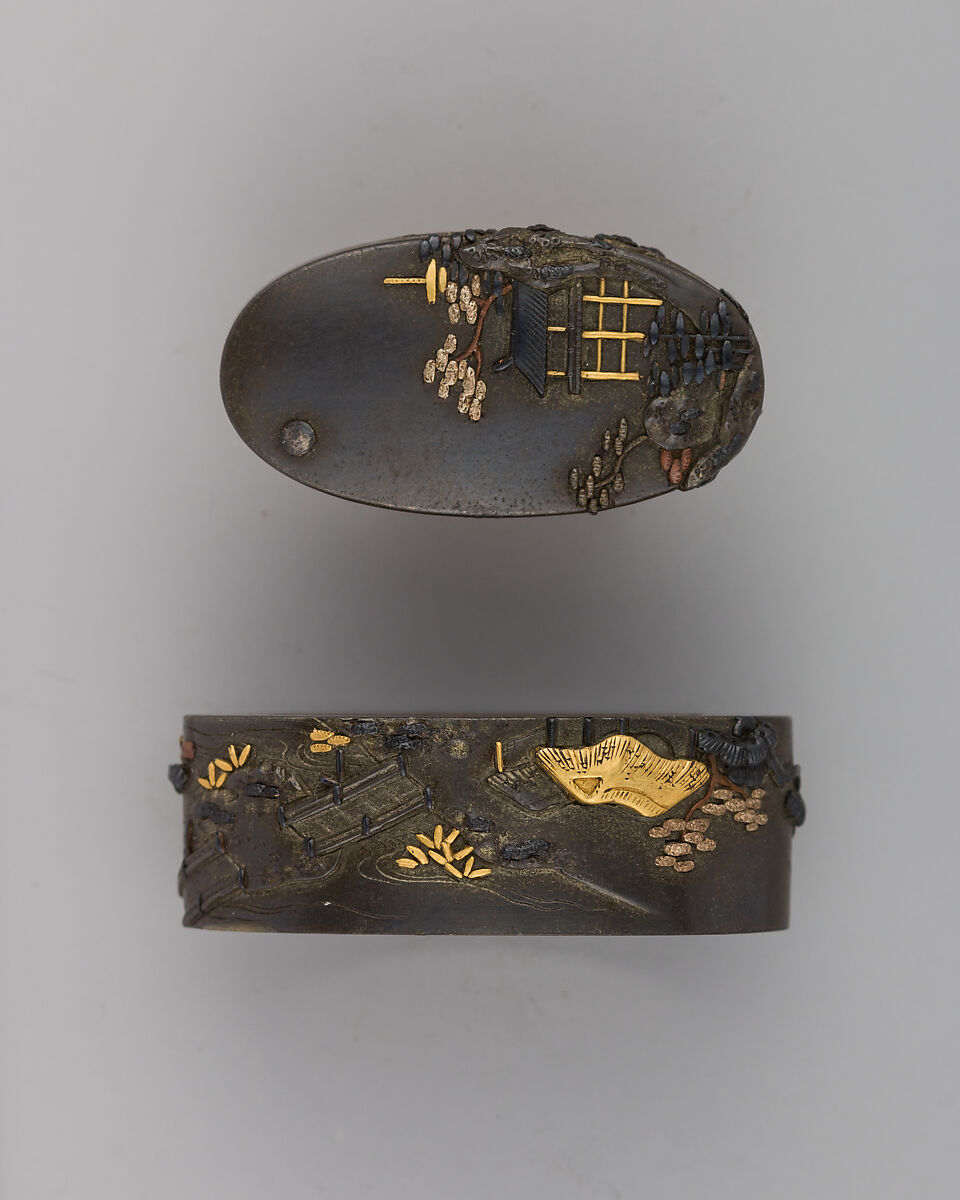 Sword-Hilt Collar and Pommel (Fuchigashira), Copper-silver alloy (shibuichi), gold, Japanese 