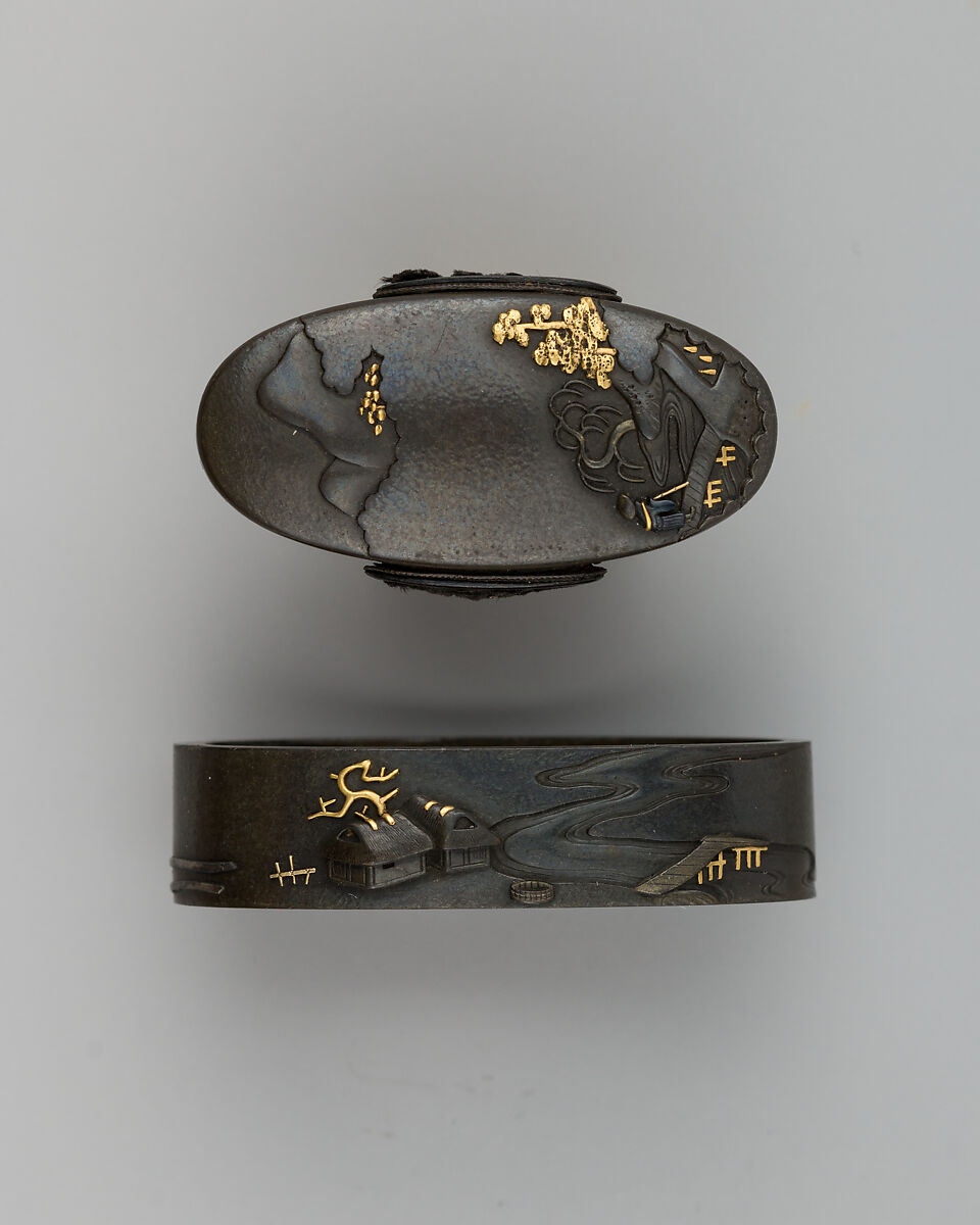 Sword-Hilt Collar and Pommel (Fuchigashira), Copper-silver alloy (shibuichi), gold, Japanese 