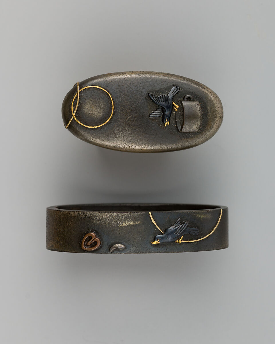 Sword-Hilt Collar and Pommel (Fuchigashira), Copper-silver alloy (shibuichi), copper-gold alloy (shakudō), copper, gold, Japanese 
