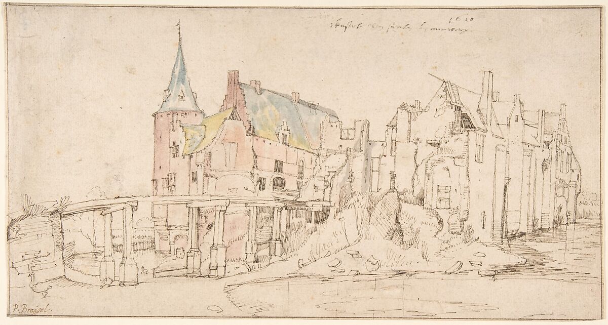 The Ruins of Castle Merxem, near Antwerp, Jan Brueghel the Elder (Netherlandish, Brussels 1568–1625 Antwerp), Pen and brown ink with pink, blue, gray, and yellow washes 