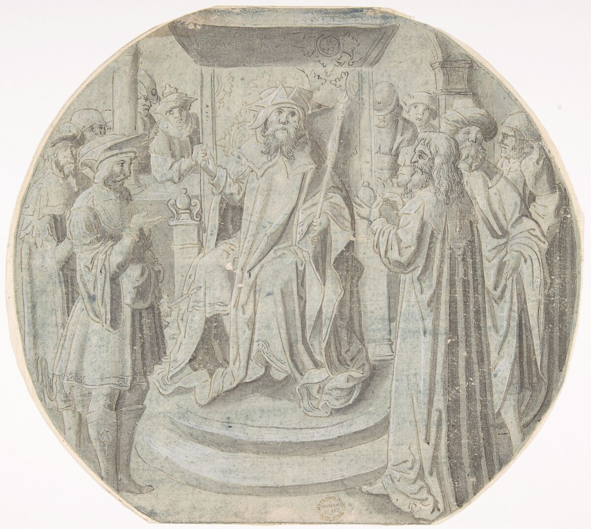 King Ahasuerus in Council, ? Circle of Pseudo-Aert Ortkens (Flemish, 1510–1540), Pen and brown ink, brush and black ink on greenish paper, highlighted with white 
