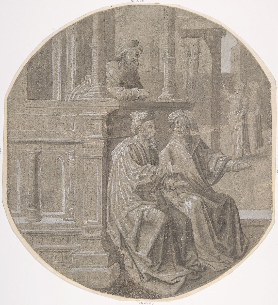 Mordecai overhears the two Conspirators plotting against the  King., ? Circle of Pseudo-Aert Ortkens (Flemish, 1510–1540), Pen and brown ink, brush and black ink on greenish paper, highlighted with white 