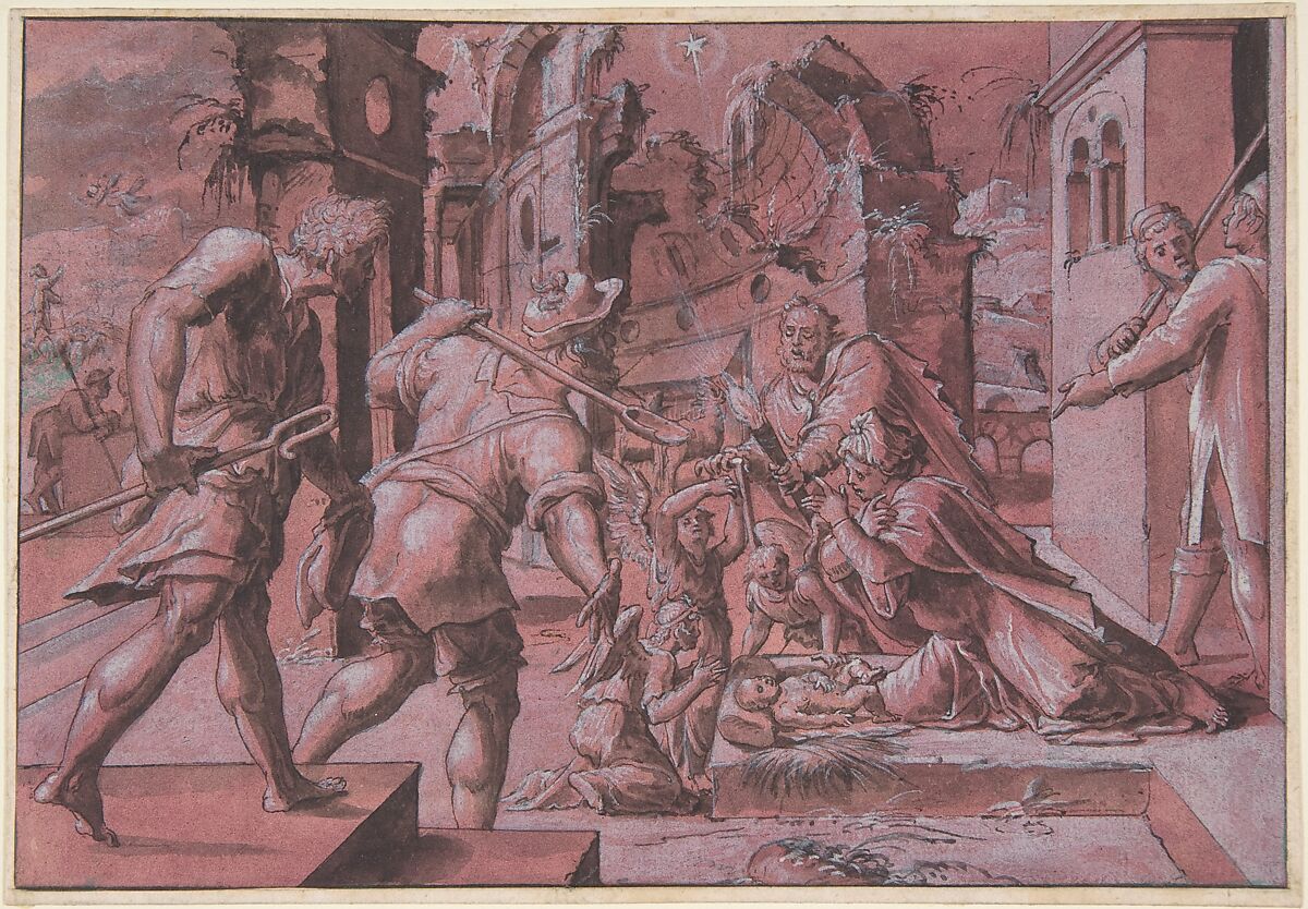 Adoration of the Shepherds, Master of Liechtenstein (probably Netherlandish, active ca. 1549–50), Pen, black ink, gray wash, heightened with white gouache on off-white paper prepared with dark rose gouache; laid down 