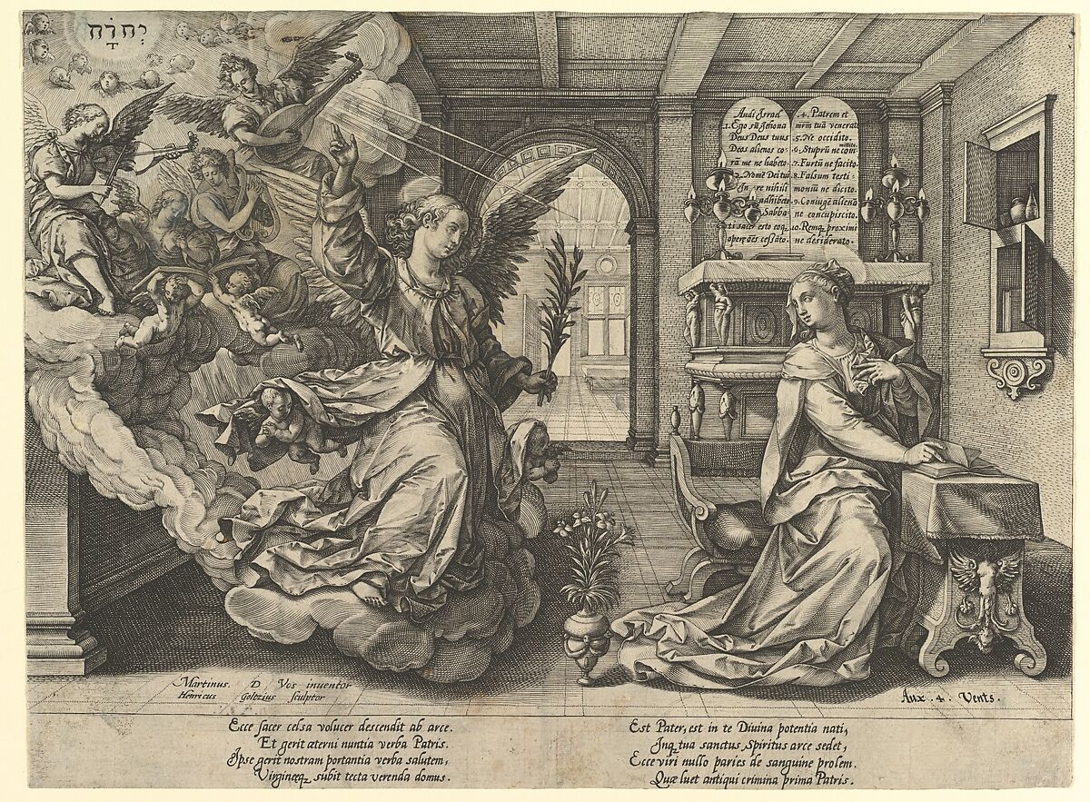 Annunciation, Hendrick Goltzius (Netherlandish, Mühlbracht 1558–1617 Haarlem), Engraving 