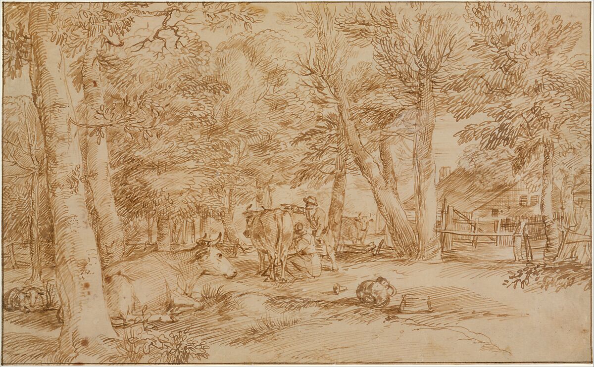 Landscape with Milkmaid, Jan Lievens (Dutch, Leiden 1607–1674 Amsterdam), Pen and brown ink on Japanese paper