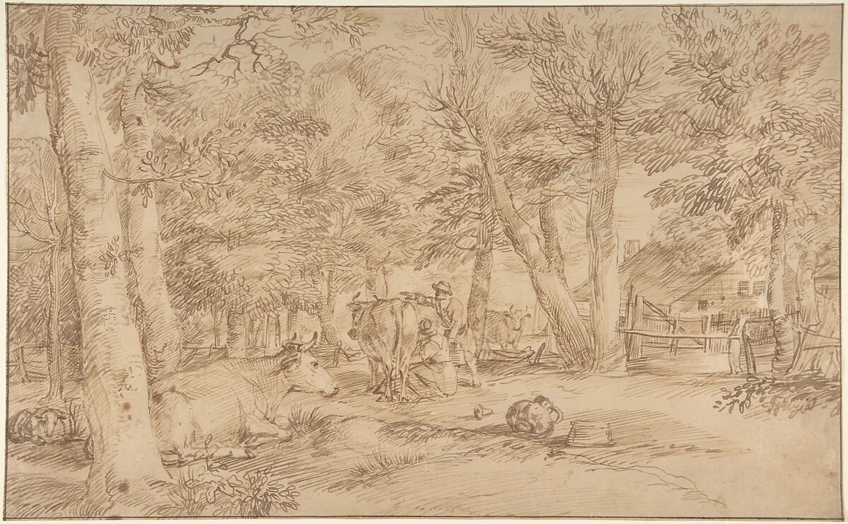 Landscape with Milkmaid, Jan Lievens (Dutch, Leiden 1607–1674 Amsterdam), Pen and brown ink on Japanese paper 
