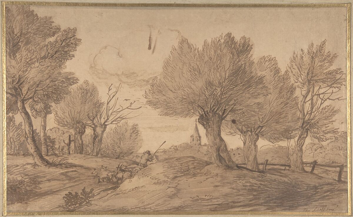 Landscape with a Shepherd and His Flock, Jan Lievens (Dutch, Leiden 1607–1674 Amsterdam), Pen and brown ink, brush and brown wash on Japanese paper. Lined. 