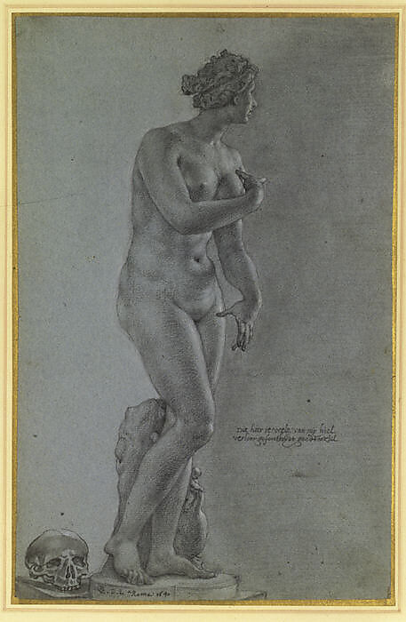 Venus de' Medici; view from the front, Peter van Lint (Flemish, Antwerp 1609–1690 Antwerp), Black chalk, brush and gray wash, white heightening on blue paper