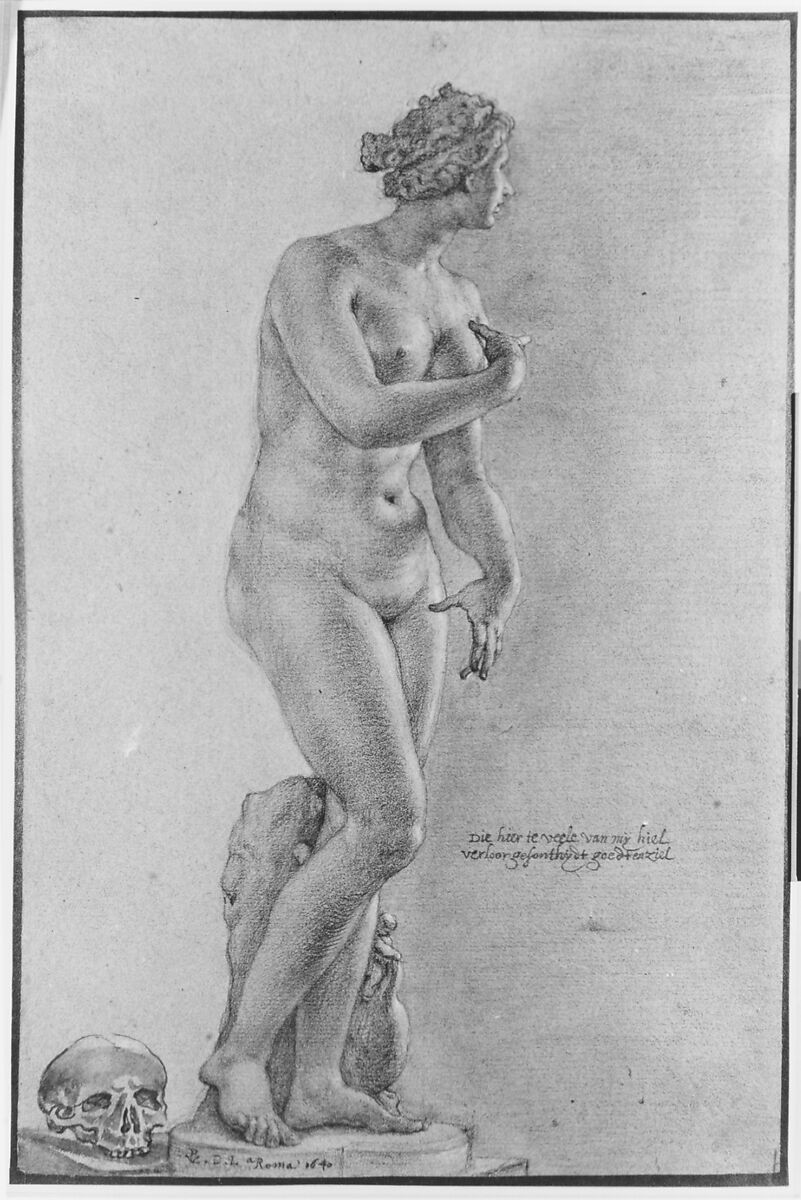 Venus de' Medici; view from the front, Peter van Lint (Flemish, Antwerp 1609–1690 Antwerp), Black chalk, brush and gray wash, white heightening on blue paper