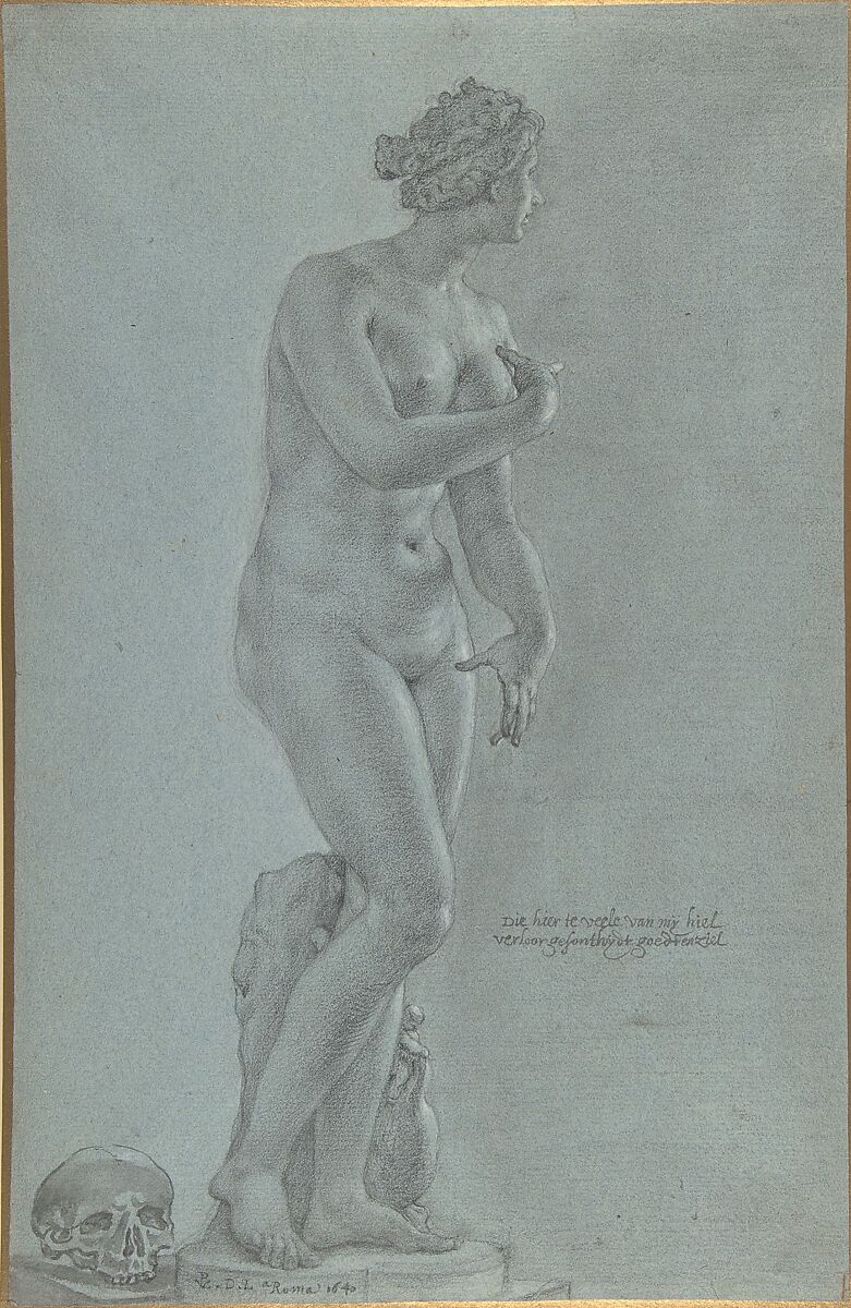 Venus de' Medici; view from the front, Peter van Lint (Flemish, Antwerp 1609–1690 Antwerp), Black chalk, brush and gray wash, white heightening on blue paper 