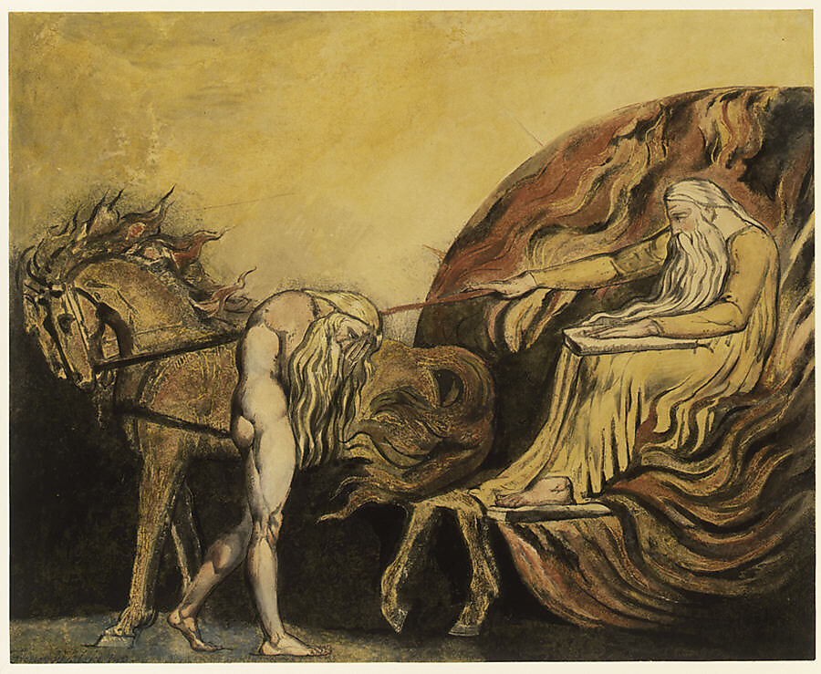 God Judging Adam, William Blake (British, London 1757–1827 London), Color relief etching finished with pen and ink and watercolor