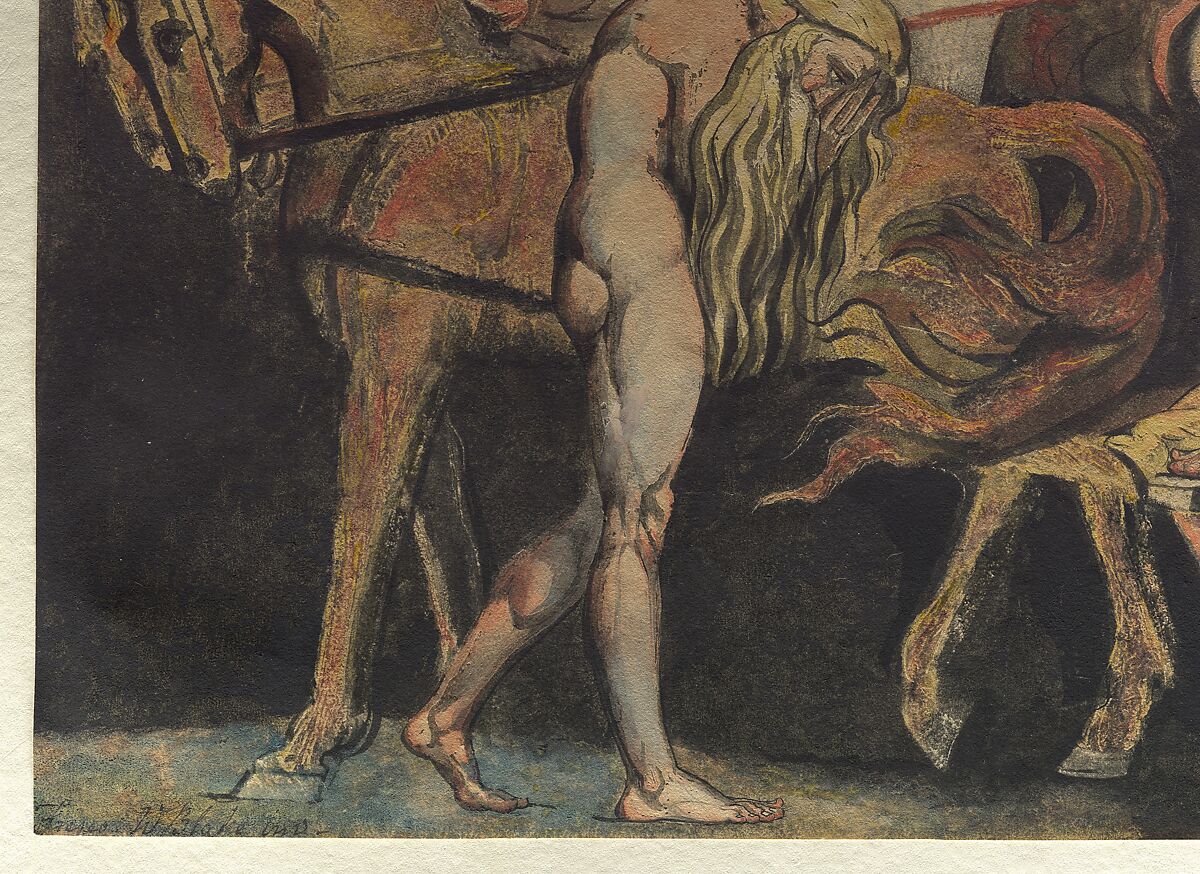 God Judging Adam, William Blake (British, London 1757–1827 London), Color relief etching finished with pen and ink and watercolor