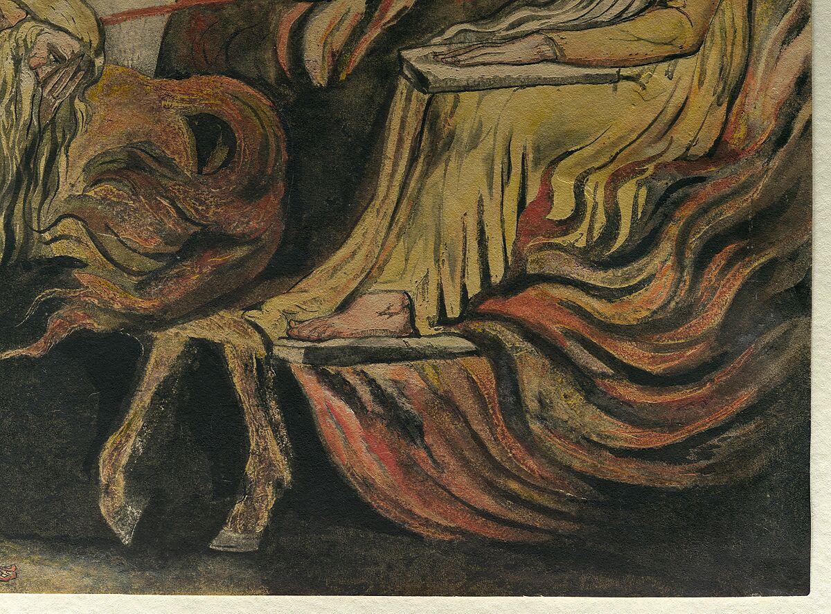 God Judging Adam, William Blake (British, London 1757–1827 London), Color relief etching finished with pen and ink and watercolor