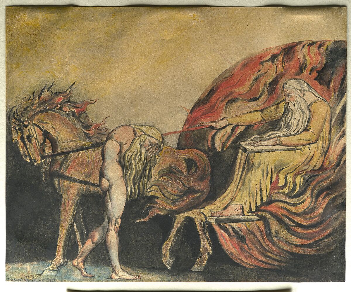 God Judging Adam, William Blake (British, London 1757–1827 London), Color relief etching finished with pen and ink and watercolor