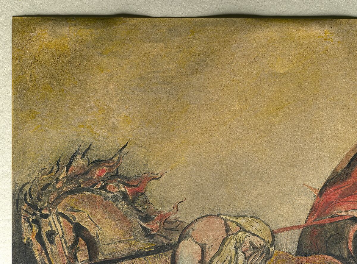 God Judging Adam, William Blake (British, London 1757–1827 London), Color relief etching finished with pen and ink and watercolor