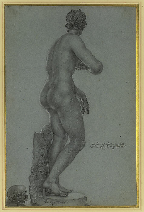 Venus de' Medici; view from the back, Peter van Lint (Flemish, Antwerp 1609–1690 Antwerp), Black chalk, brush and gray wash, heightened with white, on blue paper