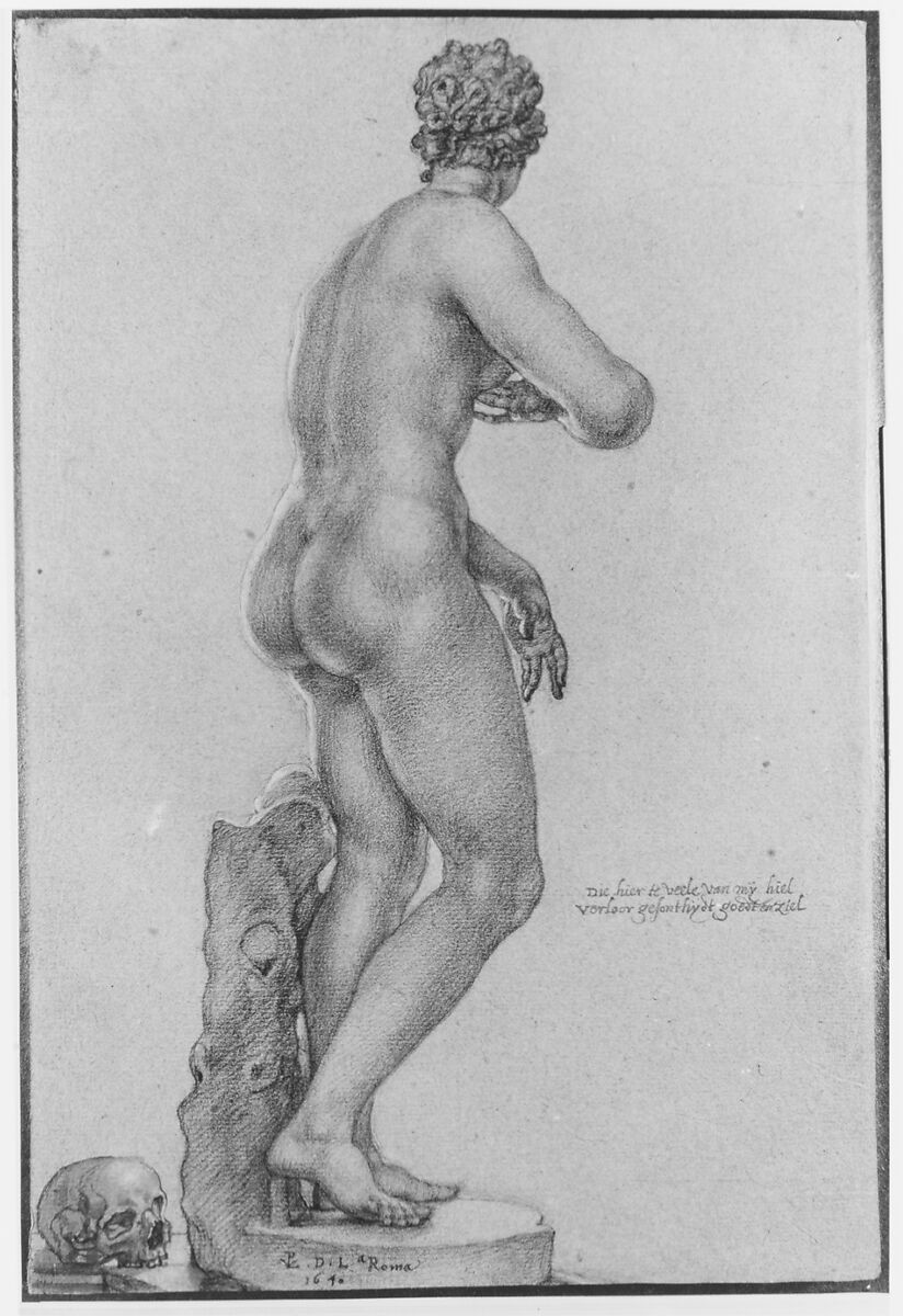 Venus de' Medici; view from the back, Peter van Lint (Flemish, Antwerp 1609–1690 Antwerp), Black chalk, brush and gray wash, heightened with white, on blue paper
