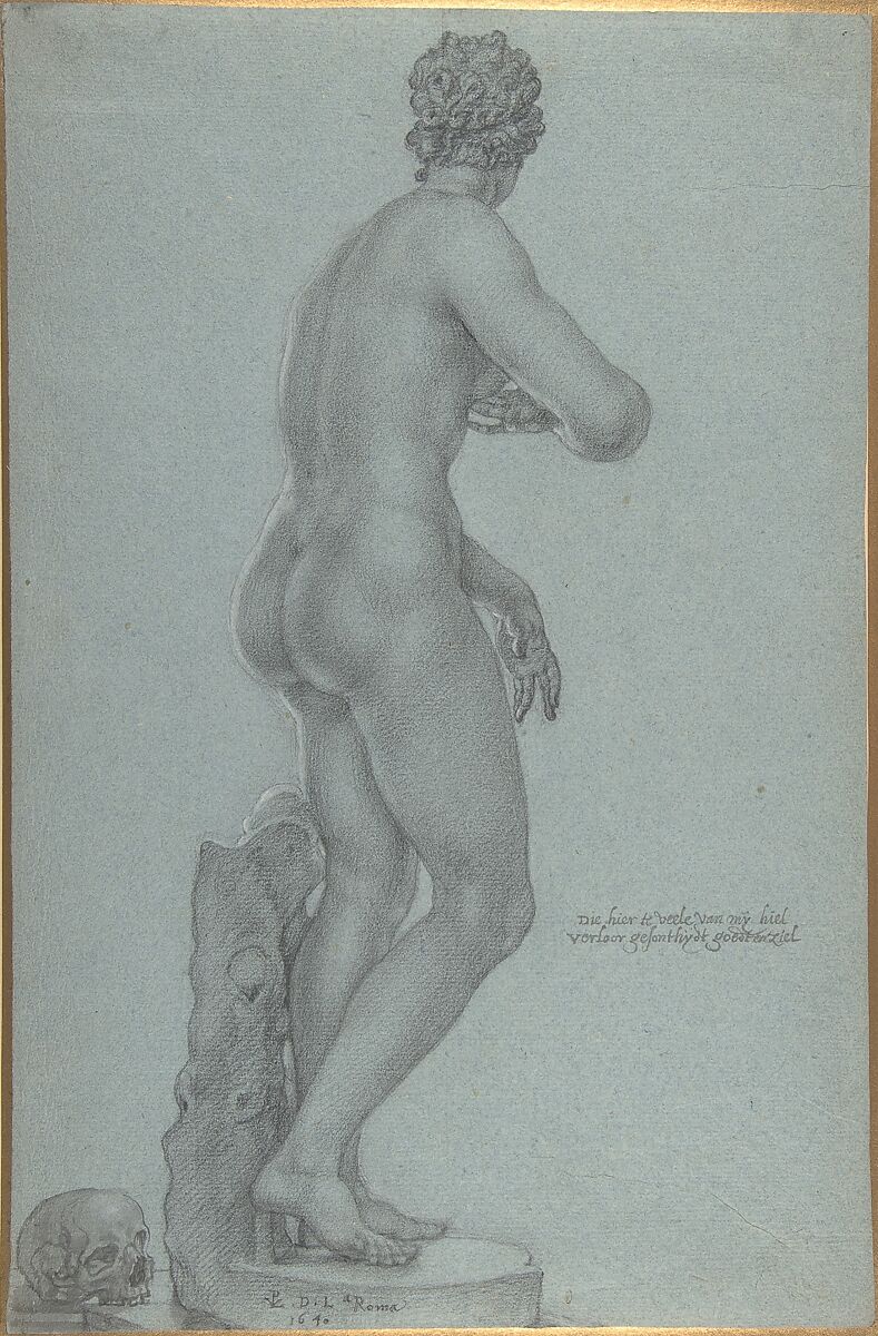 Venus de' Medici; view from the back, Peter van Lint (Flemish, Antwerp 1609–1690 Antwerp), Black chalk, brush and gray wash, heightened with white, on blue paper 