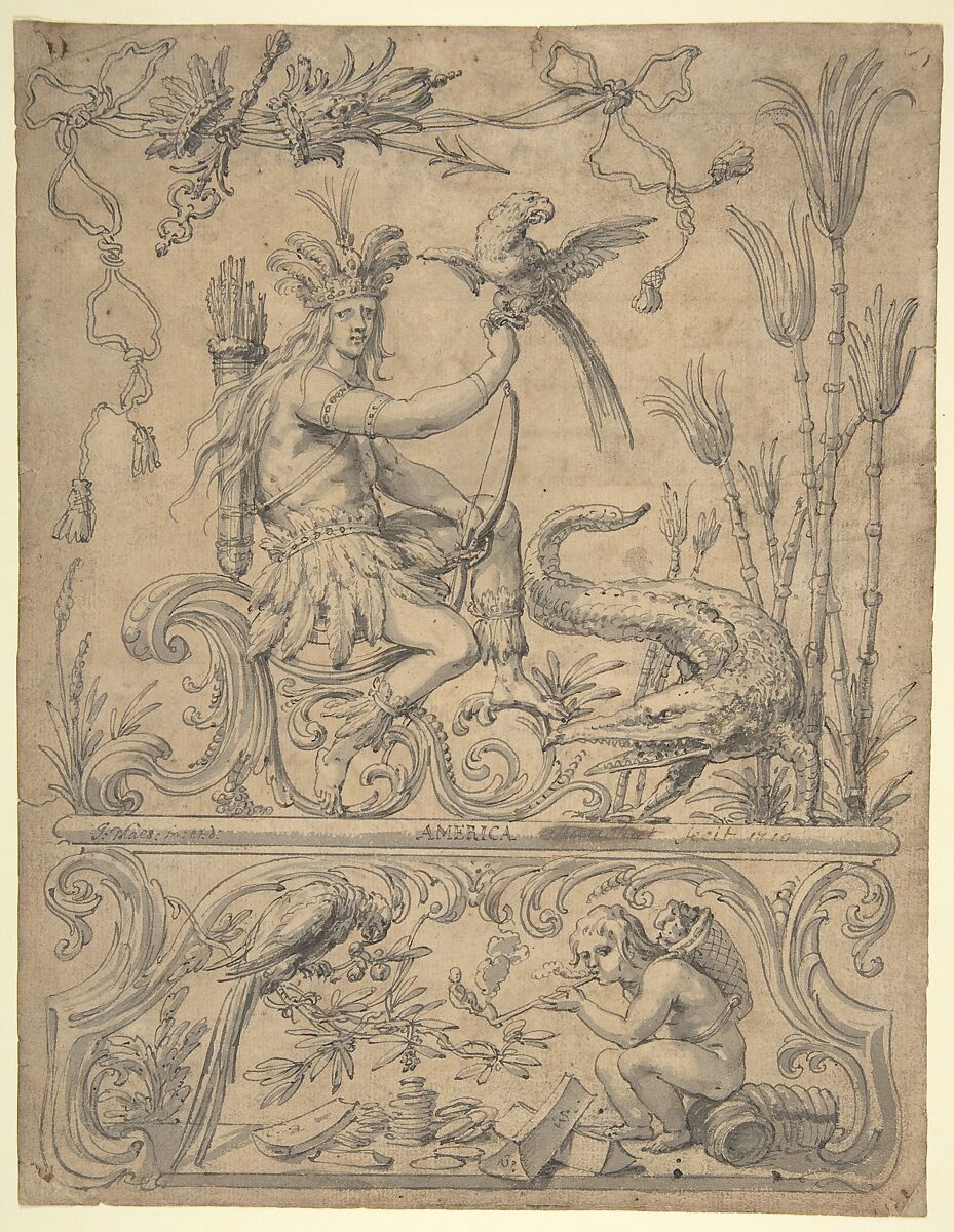 Allegory of America, from the Four Continents, Godfried Maes (Antwerp 1649–1700 Antwerp), Pen and gray ink, brush and gray wash, over black chalk 