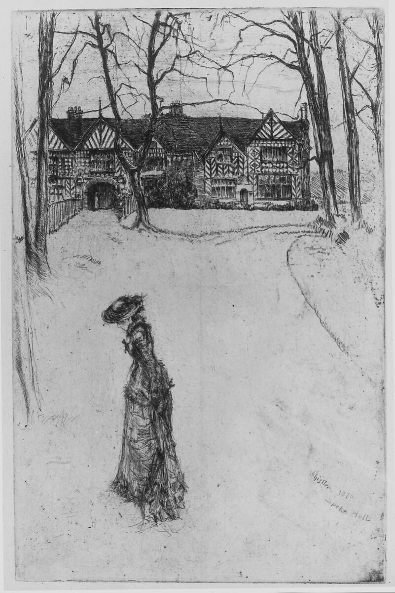 Speke Hall, No. 1, James McNeill Whistler (American, Lowell, Massachusetts 1834–1903 London), Etching and drypoint, printed in black ink on ivory laid paper removed from a book; tenth state of fourteen (Glasgow); (unrelated pen and brown ink manuscript verso)