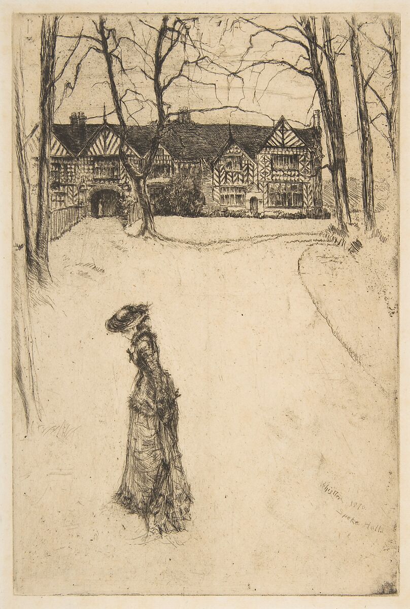 Speke Hall, No. 1, James McNeill Whistler (American, Lowell, Massachusetts 1834–1903 London), Etching and drypoint, printed in black ink on ivory laid paper removed from a book; tenth state of fourteen (Glasgow); (unrelated pen and brown ink manuscript verso) 